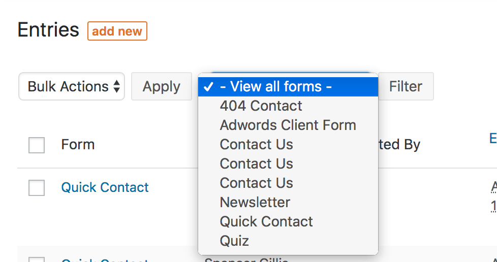 screenshot of the list of forms in formidableforms plugin