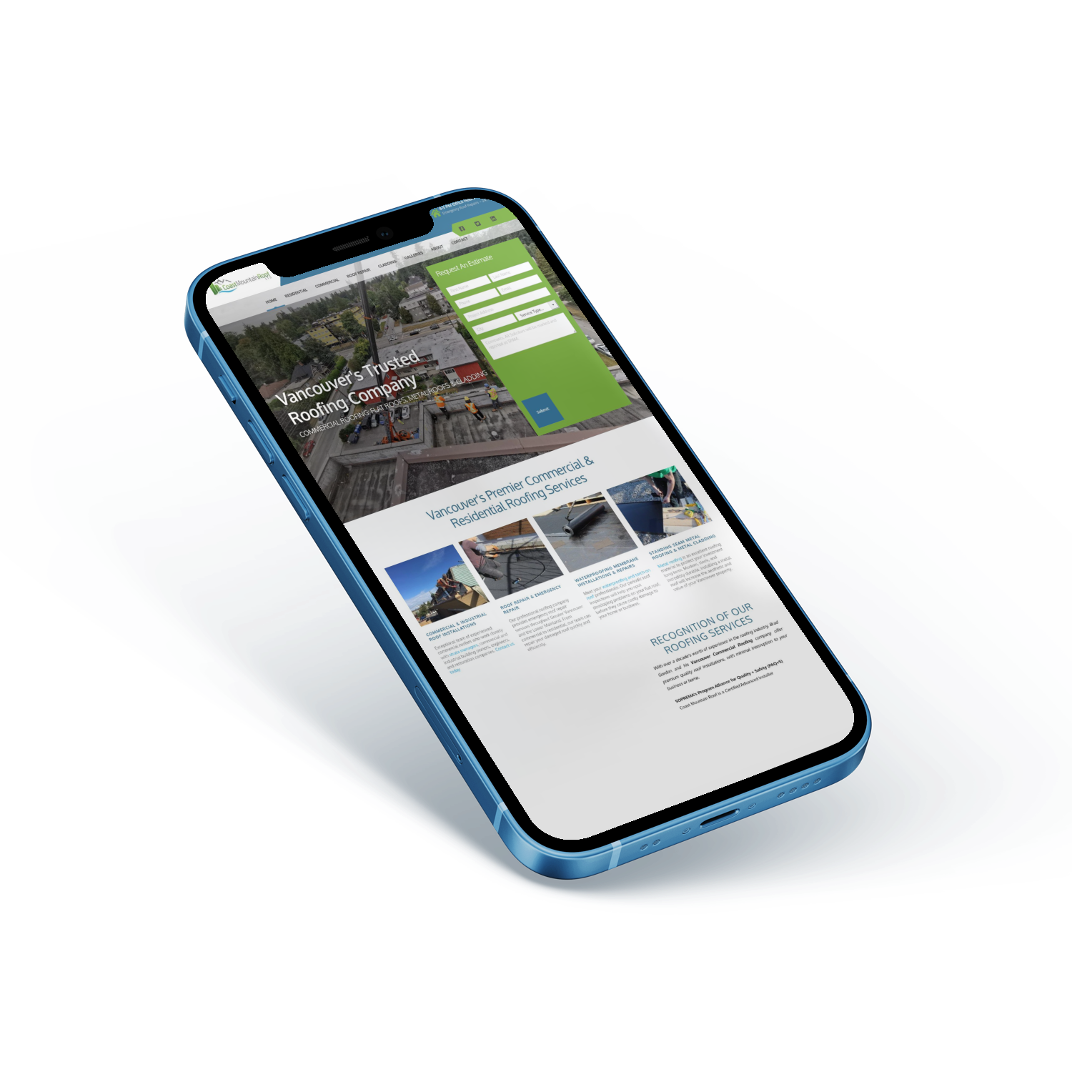 Mockup iPhone Website Design for Roofing Company