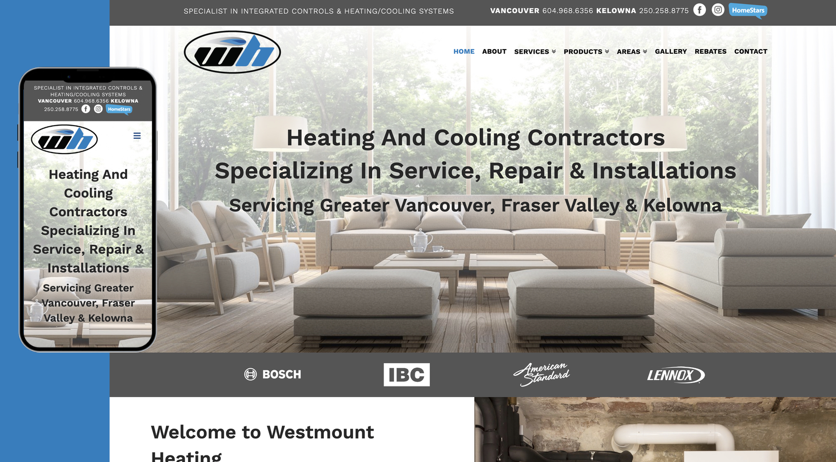 westmount heating kelowna website desktop view and mobile view