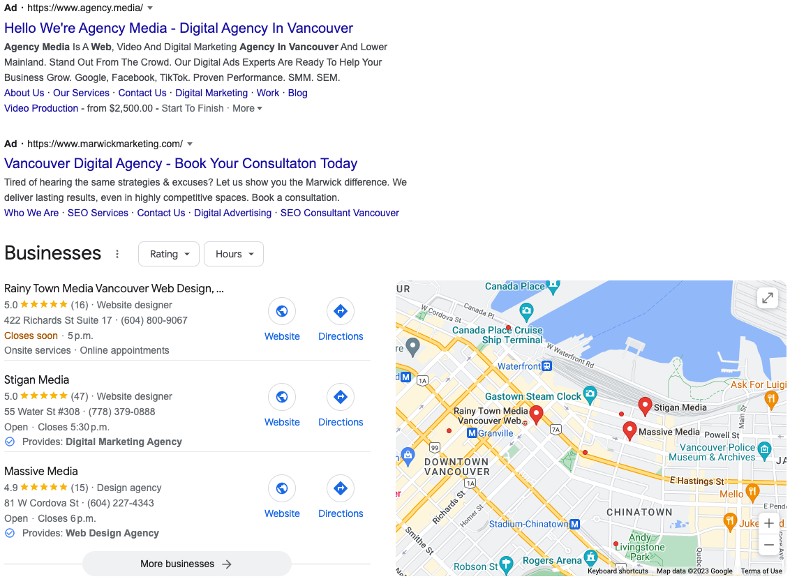 Stigan Media ranks for "SEO agency" search team in Vancouver area