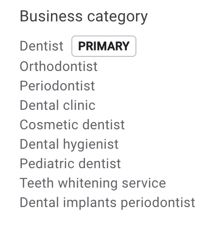 Optimized categories for Google Business profile for dental SEO