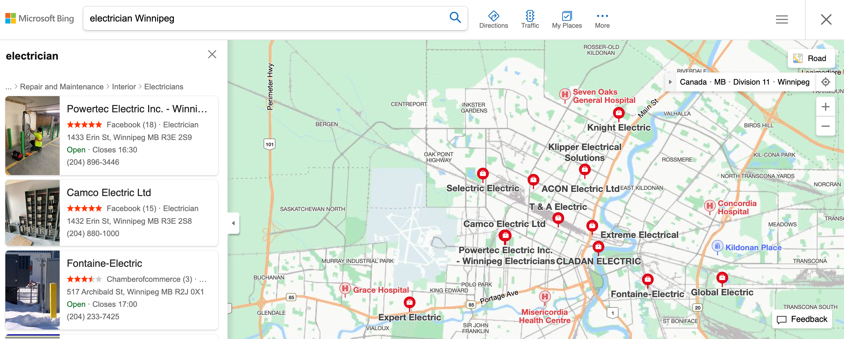 Bing map for electrician Winnipeg keyword