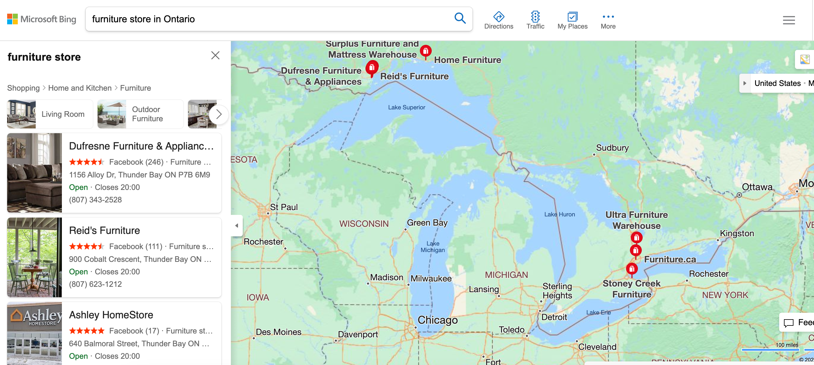 furniture store in Ontario in Bing map