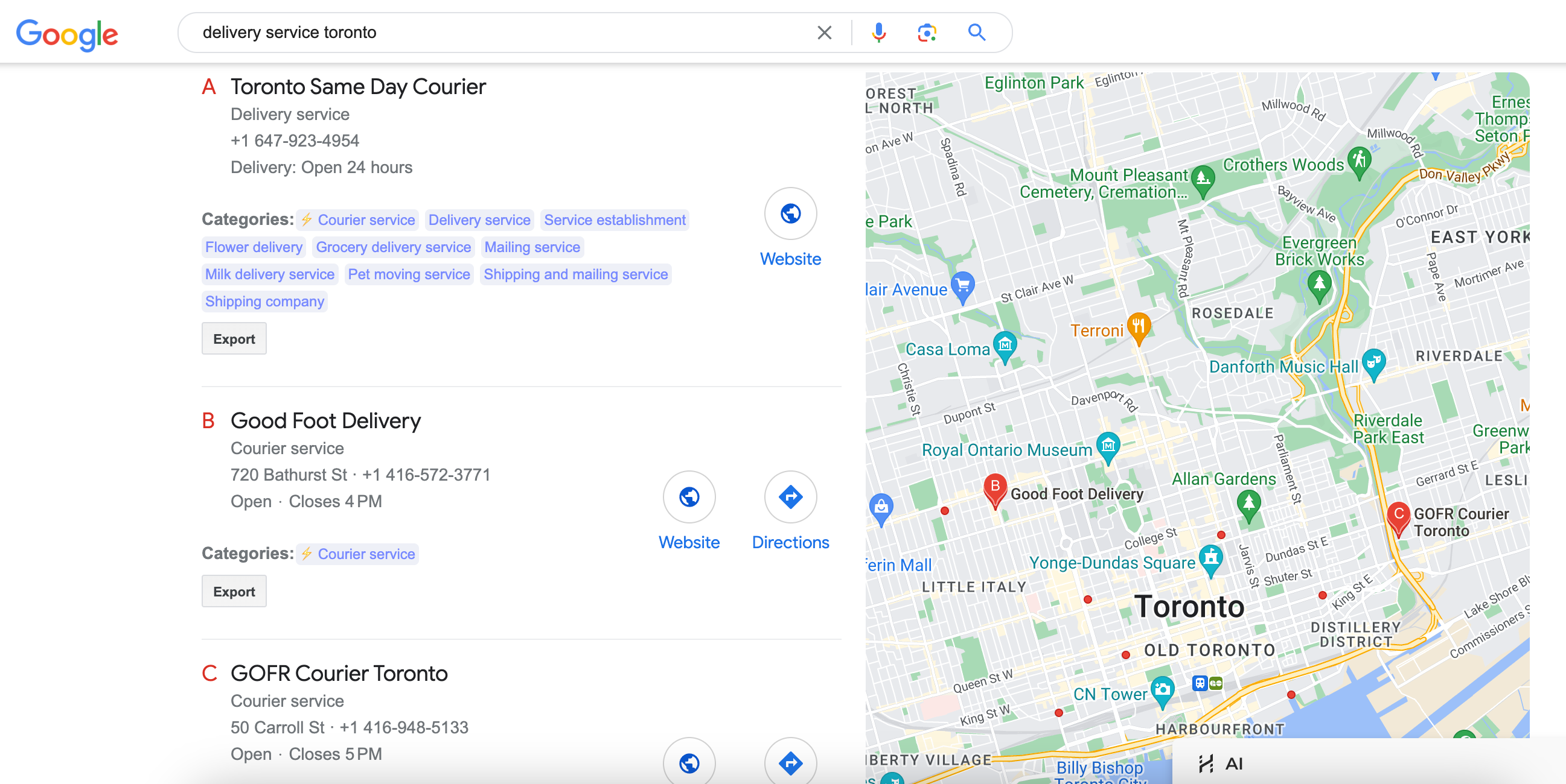 The Example of Google Business Profile ranking for delivery service in Toronto