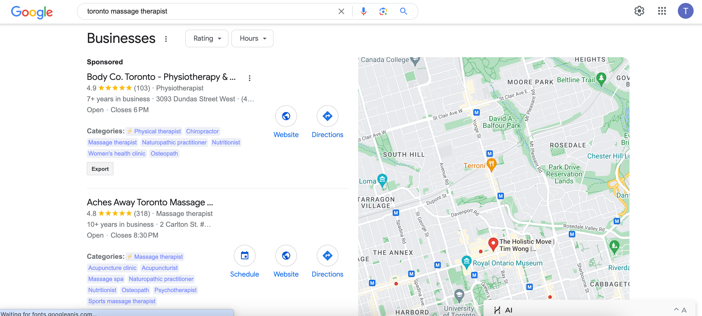 The Example of Google Business Profile ranking for Toronto massage therapist