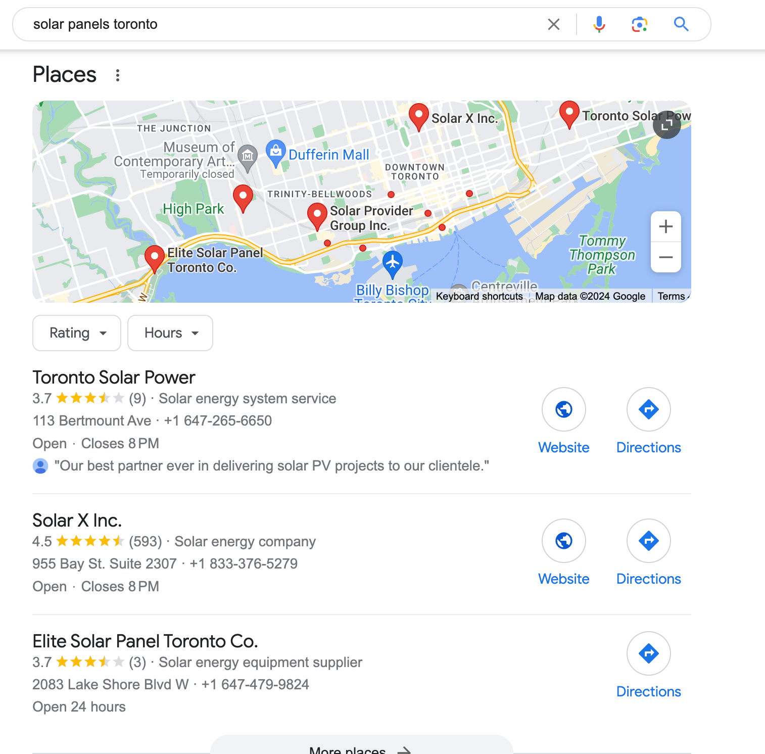 The Example of Google Business Profile ranking for solar panels in Toronto