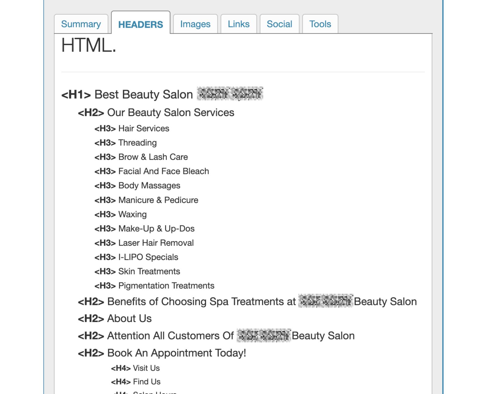 Meta elements that we optimized for beauty salon client